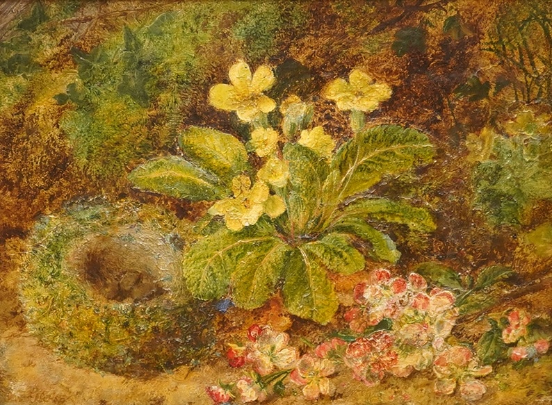 George Crisp (1875-1916), oil on canvas, primrose with birds nest, 22x29cm. Condition - good